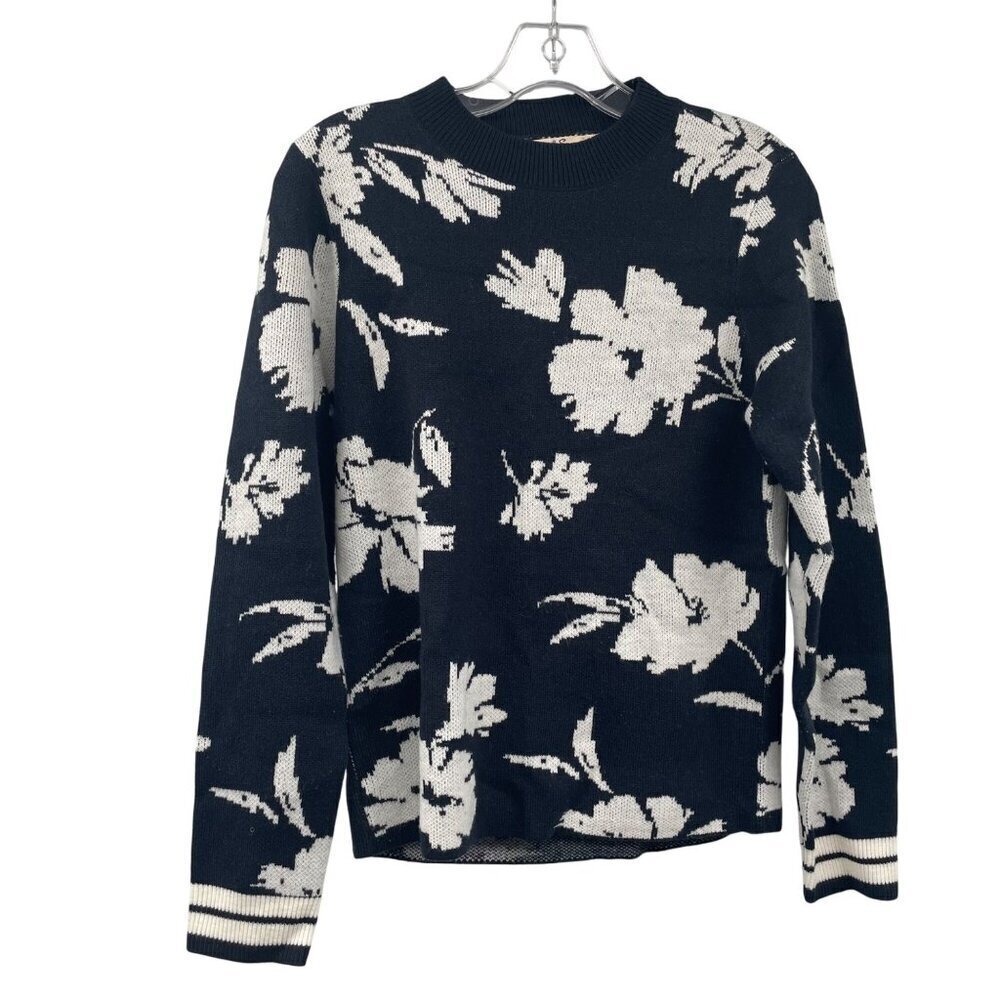 Les Serein Womens Floral Pullover Sweater Long Sleeve Navy/White Size XS